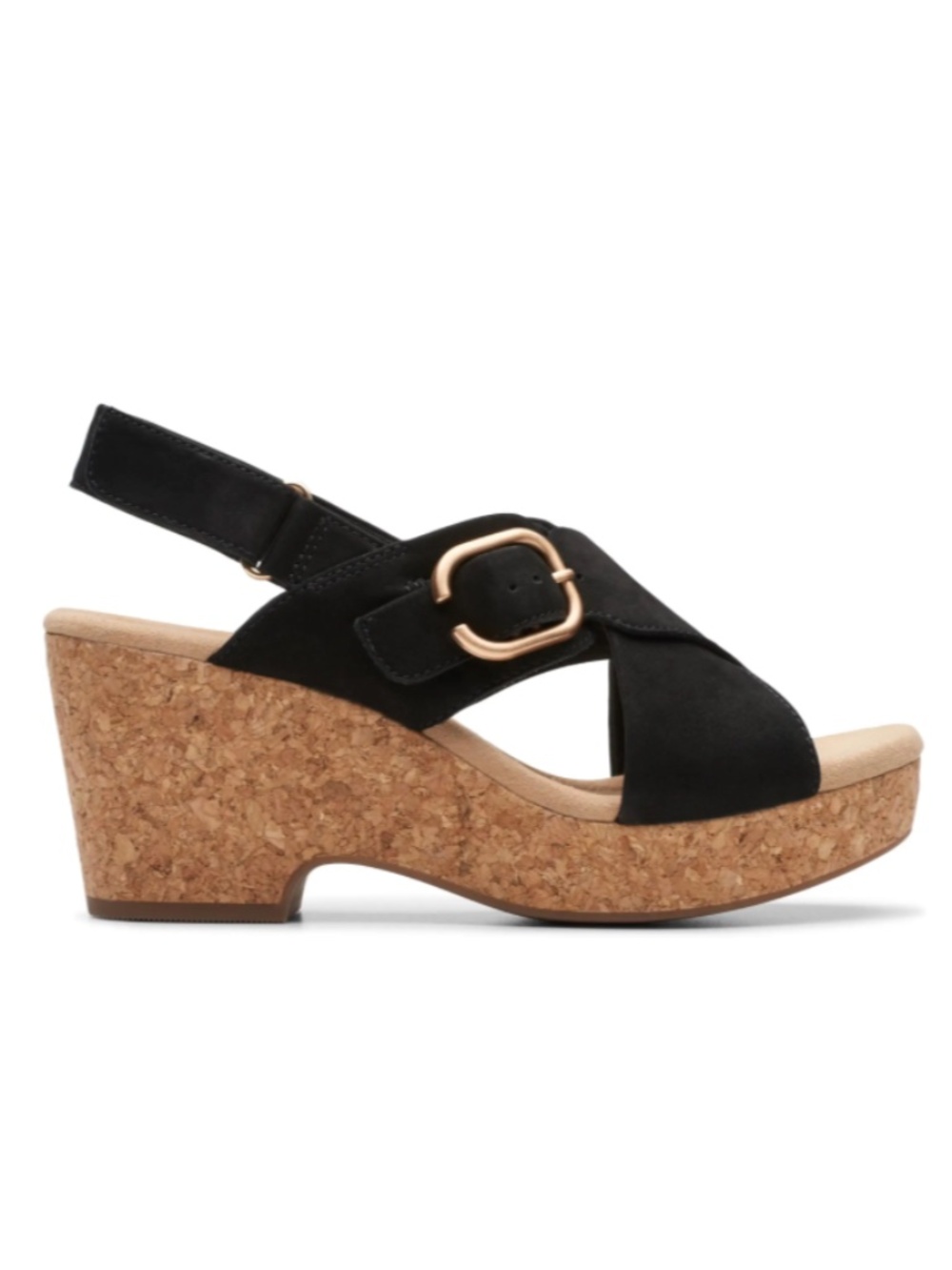 Clarks Women's Boho-Chic Giselle Dove Wedge Sandals in Nubuck Black, Size 9.5